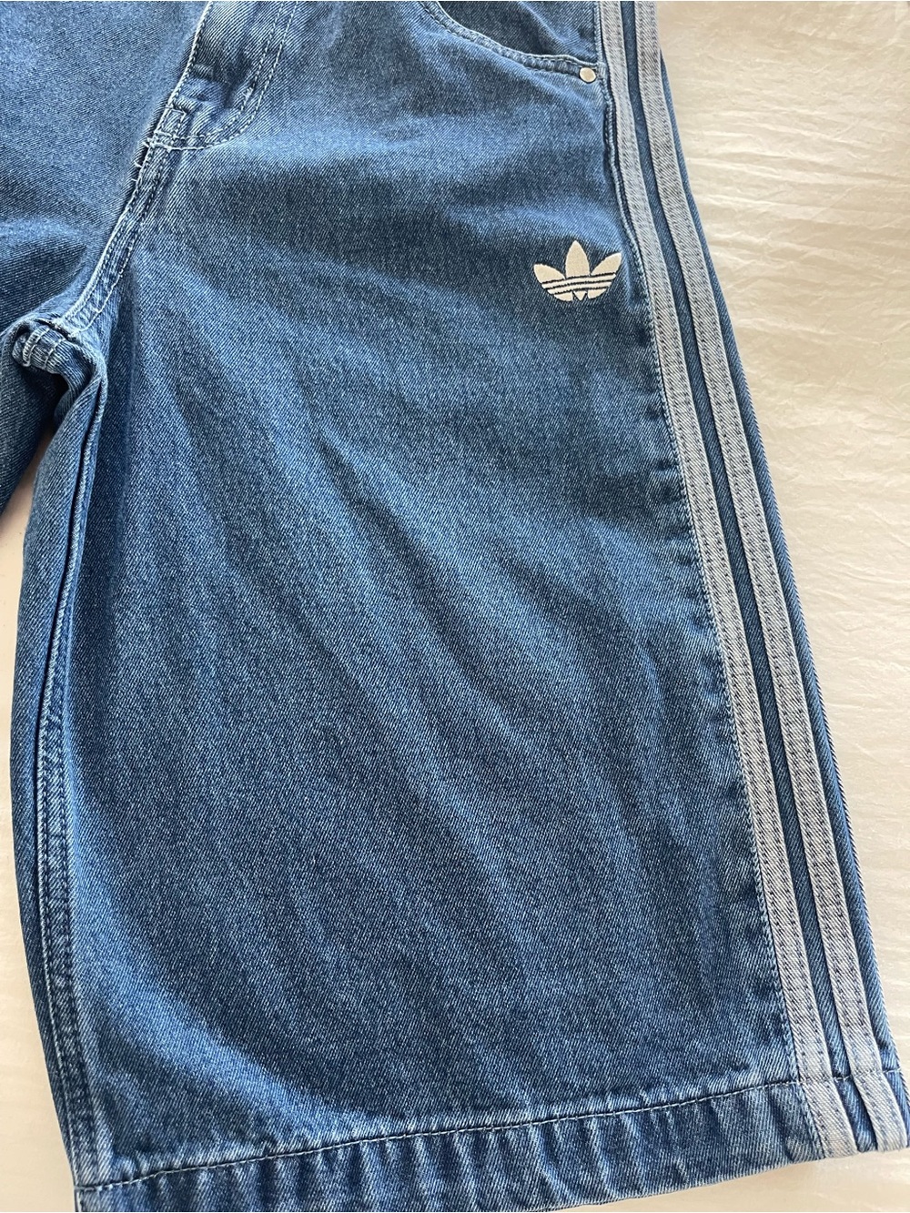 adidas Light Blue Denim Shorts with White Trefoil Tag - Picture 7 of 9